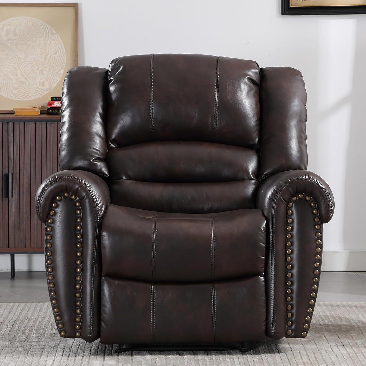CANMOV Leather Recliner Chair Set of 2, Classic and Traditional Manual Recliner Chair with Comfortable Arms and Back,Manual Single Recliner Sofa for Living Room, Dark Brown