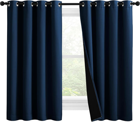 NICETOWN 100% Blackout Curtains with Black Liners, Thermal Insulated Full Blackout 2-Layer Lined Drapes, Noise Cancellation Window Draperies for Dining Room (Moroccan Blue, 2 Panels, 55" W by 57" L)