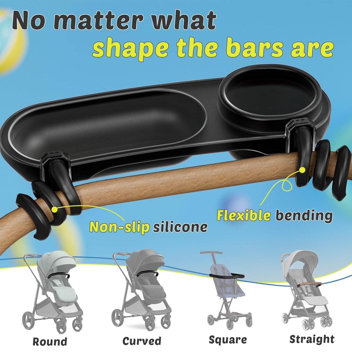 Universal Snack Tray for Stroller, Cup Holder Tray with Flexible Silicone Arm Gripper, Stays in Place Tray Attachment for Toddler & Kids, Snacking On The Go, Stroller Travel Accessories, Universal Fit