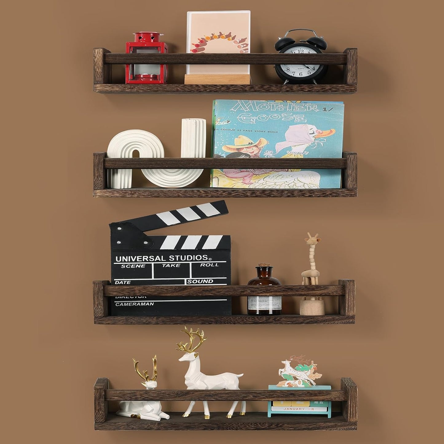 Nursery Room Shelves Set of 4, Wood Floating Book Shelves for Kids Room, Baby Book Shelf for Nursery, Kitchen Spice Rack (Carbonized Brown)