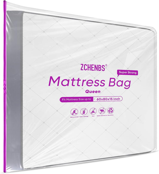 ZCHENBS® – Mattress Bags for Moving and Storage,Mattress Bag with Zippers,5 Mil Ultra-Thick Bed Bag,Waterproof,Anti-Tear,Heavy-Duty Mattress bag (Tansparent/Purple, Queen-(1 Pack))