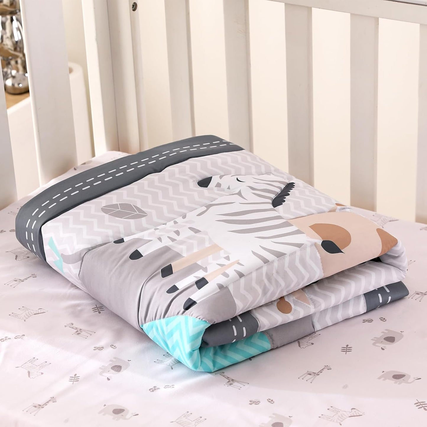 Wowelife Mini Crib Bedding Set Boy, 3 Piece Baby Bedding Set Nursery Bedding Set Elephant, Giraffe, Zebra Breathable Soft for Baby Boy with Comforter, Crib Fitted Sheet and Crib Skirt, Gray