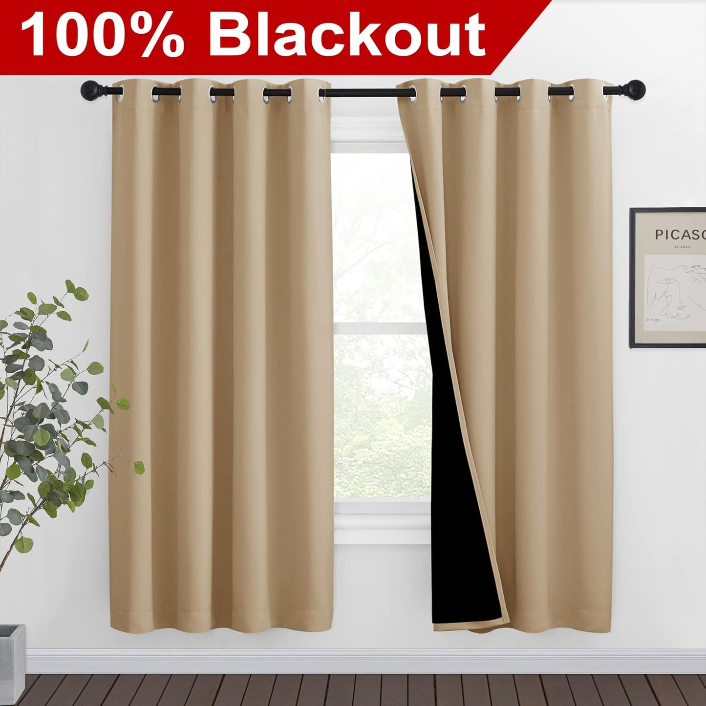 NICETOWN Living Room Completely Shaded Draperies, Privacy Protection & Noise Reducing Black Lined Insulated Window Treatment Curtain Panels for Patio Door (Set of 2 Pcs, W46 x L72, Biscotti Beige)
