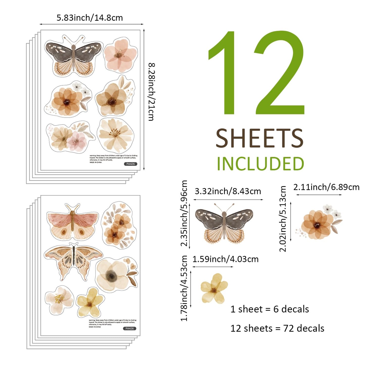 YouRfocus Butterfly and Flower Wall Decals – 72 Decals, Removable Floral Wall Stickers for Bedroom, Nursery, Girls Room, Boho Nature Decor, Reusable Home Decoration (12 Sheets)