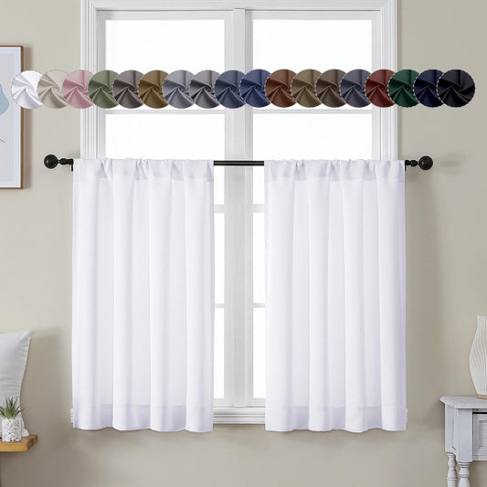Simplebrand Ava Pure White Curtains 36 Inches Long 2 Panels, Light Filtering Half Window Rod Pocket Privacy Short Curtains, Thermal Insulated Curtain Tiers for Kitchen Bathroom Shades, W40 x L36 Inch