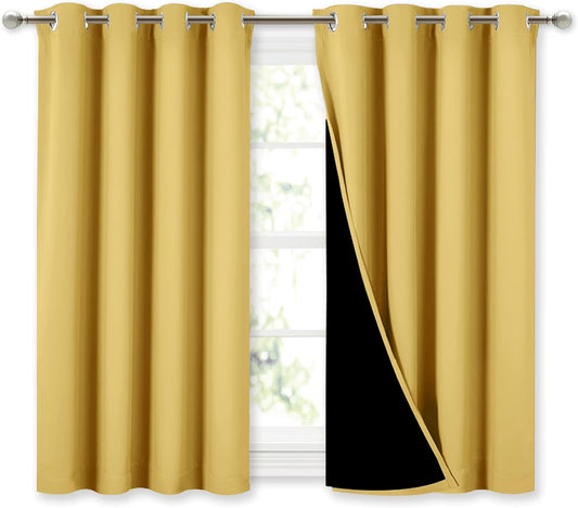 NICETOWN 100% Blackout Curtains with Black Liners, Thermal Insulated Full Blackout 2-Layer Lined Drapes, Energy Efficiency Window Drapes for Dining Room (Bright Yellow, 2 Panels, 52" W by 45" L)