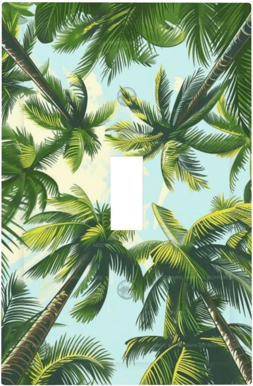 Summer Sky Coconut Palms Trees Green Plants Leaf Decorative Light Switch Cover 1 Gang Single Toggle Device Electrical Faceplate Switchplates Decorator Outlet Wall Plate for Bed Room Living Room Decor