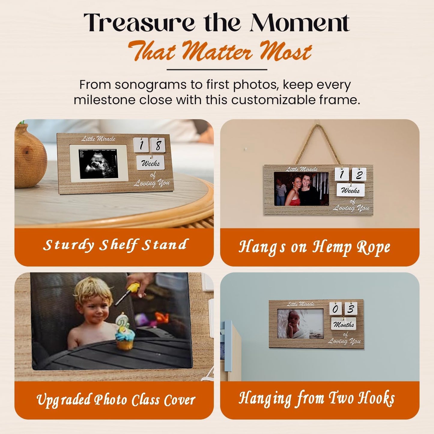 Brown Ultrasound Sonogram Picture Frame with Milestone Tracker – Elegant Wooden Keepsake for Expecting Parents – Nursery Décor Gift for New Moms – Countdown Tiles Included – 12" x 6" Design