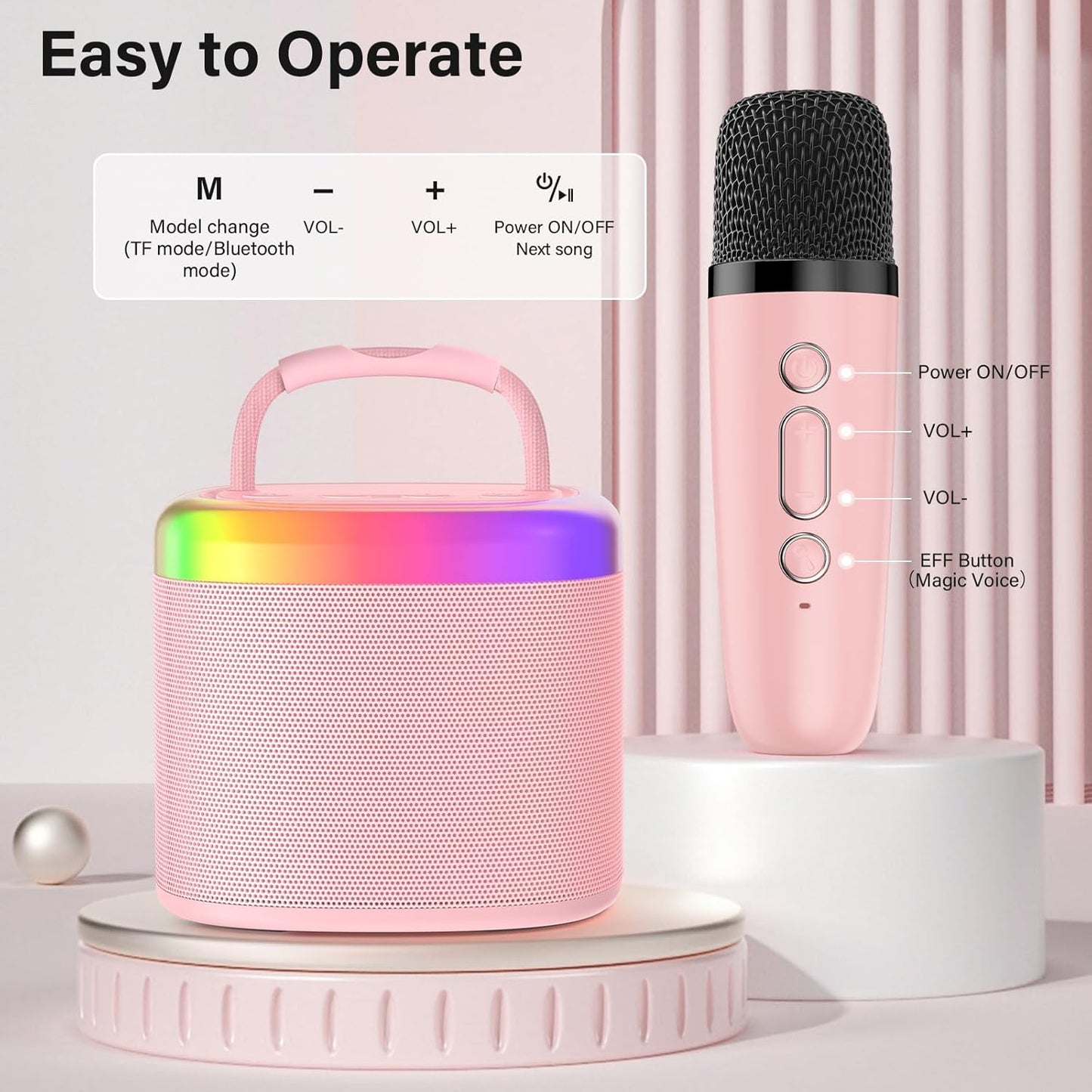 JYX Mini Karaoke Machine for Kids, Portable Bluetooth Karaoke Speaker Unpowered Cabinets with 1 Wireless Microphones and Party Lights and Adults, Birthday Gifts for Girls Boys Family Home Party(Pink)