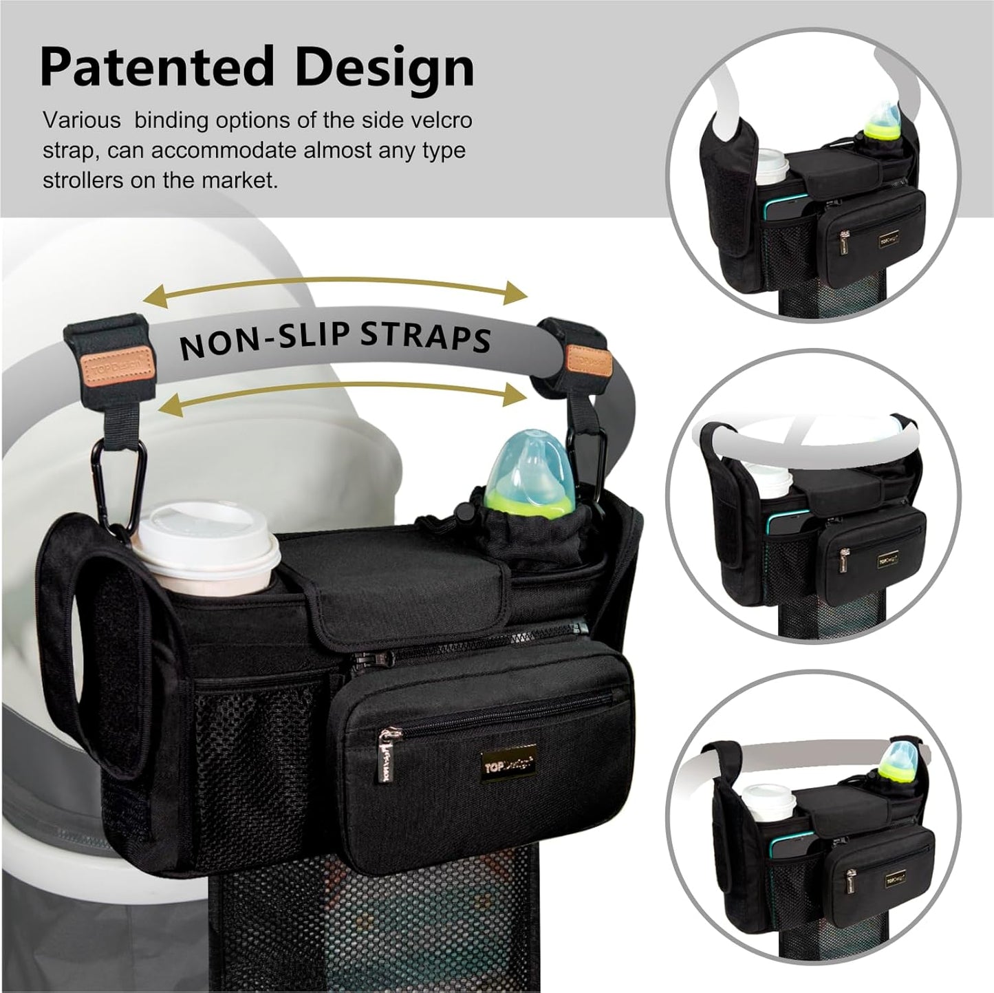TOPDesign Universal Baby Stroller Organizer, Stroller Caddy with Detachable Mesh Bag & Heightened Insulated Cup Holders & Non-Slip Secure Hooks Accessories, Fits Most Strollers (Unicorns & Girls)