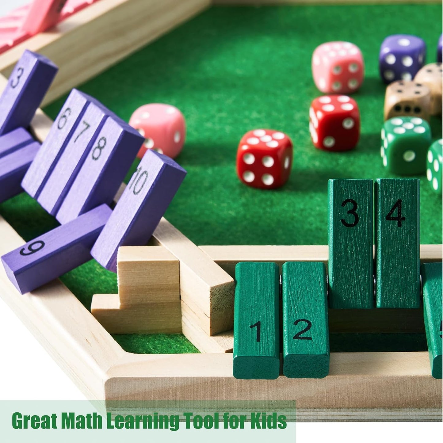 Vamslove Shut The Box Game for 6 Player with 12+4 Dice - Colorful 6 Sided Wooden Board Math Number Games for Kids Adults Families Party Club (Instructions Included)