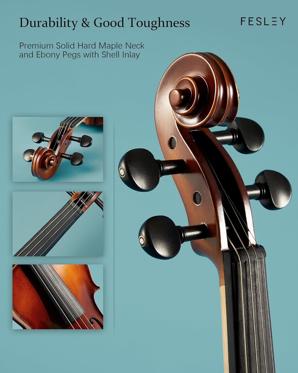 Fesley Violin Fiddle Full Set: 4/4 Matt Violin Kit for Beginners, Acoustic Violin with Hard Case, Solidwood Hand Made Starter Kit with Bow, Rosin, Shoulder Rest, Tuner, Extra Strings
