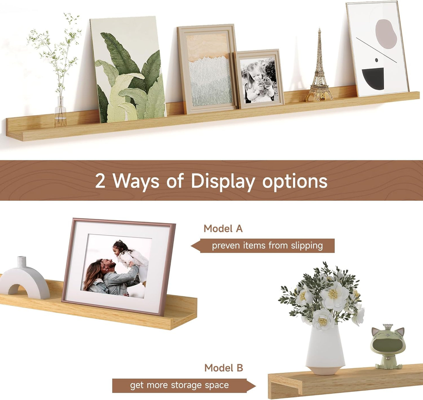 Picture Ledge Shelf for Wall, Floating Shelves Set of 4, 48 Inch Long Nursery Book Shelves for Toys Storage, Kids Bookshelf Wall Mounted for Books Photo Frames, Oak