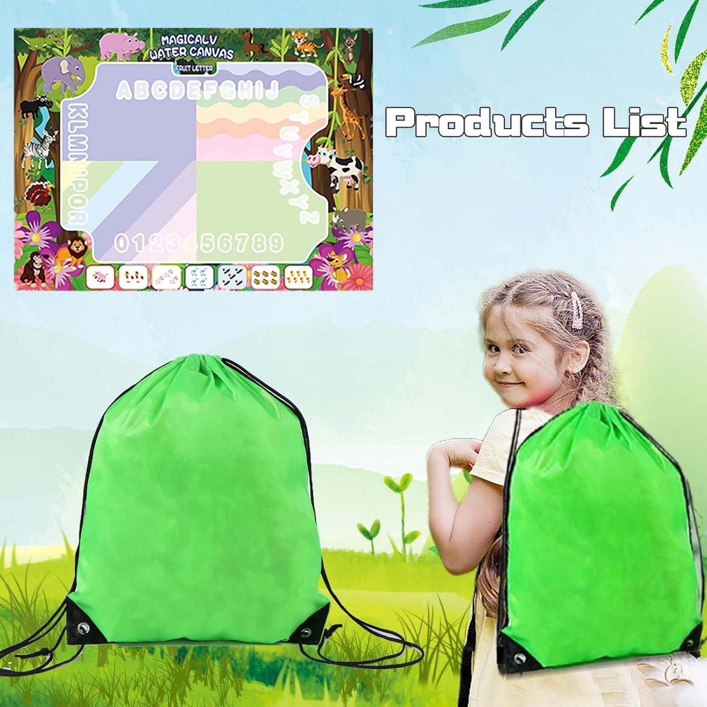 Water Doodle Mat - Magic Water Drawing Mat with Stamps, Roller & Backpack Big Enough Space for 2-3 Kids to Draw Together | No Mess Travel Toy Gift for 3 4 5 6 7 8 Year Old Girls Boys