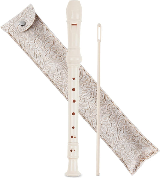 Recorder Instrument for Beginner Adults,8-Hole Soprano Descant Recorder Music Flute with with Cleaning Rod & Leather Case For Home Entertainment(3-Carved White)