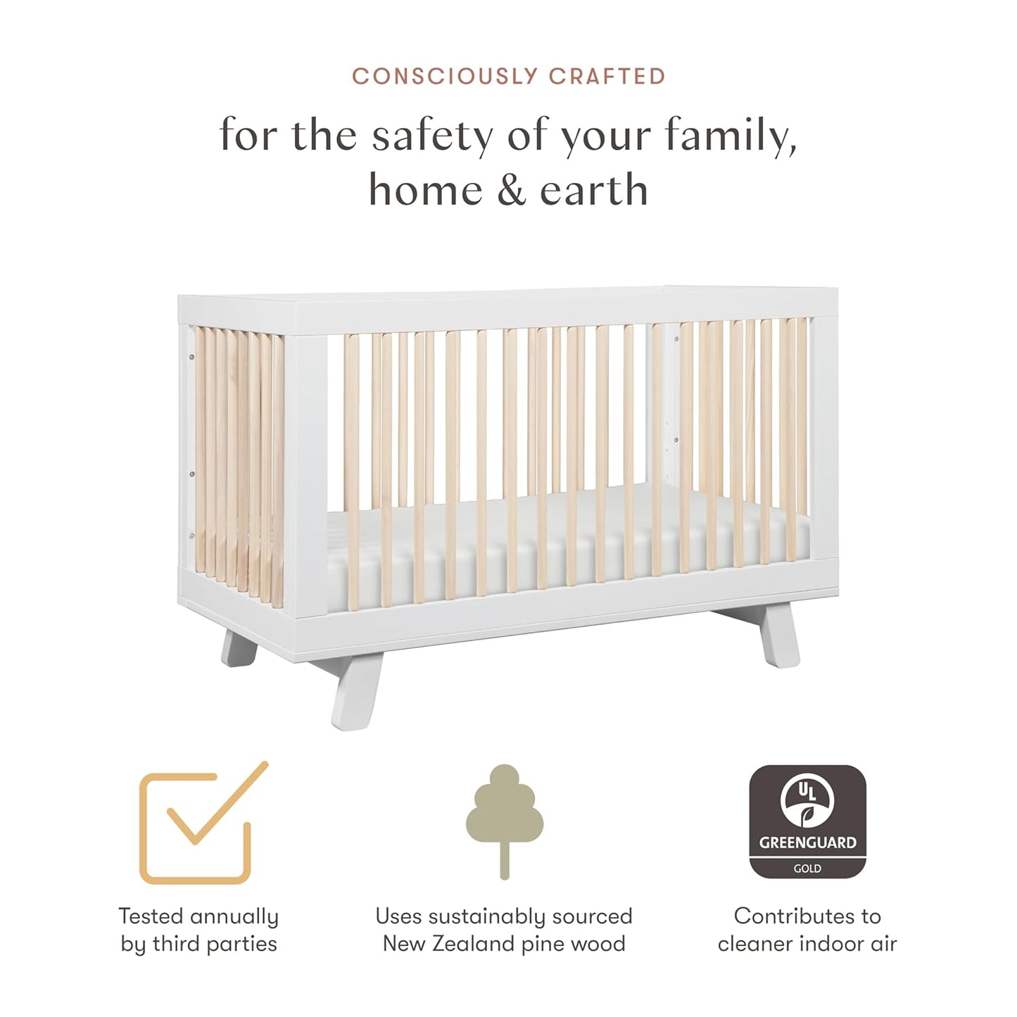 Babyletto Hudson 3-in-1 Convertible Baby Crib with Wooden Toddler Bed & Daybed Conversion - Easy to Assemble & GREENGUARD Gold Certified - 4 Adjustable Mattress Heights - White & Washed Natural