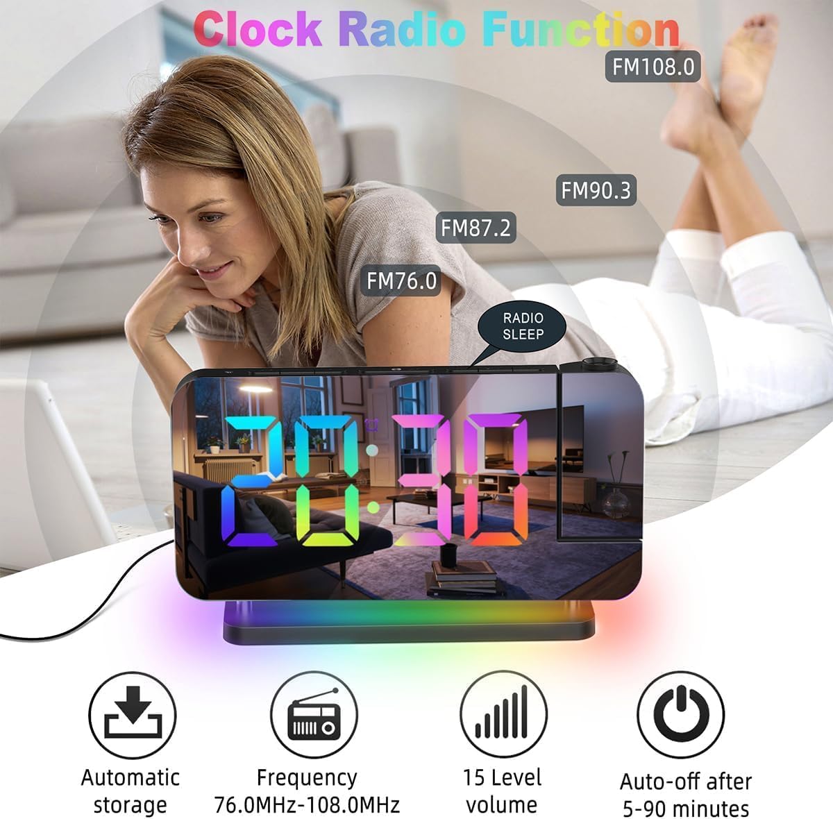 Projection Alarm Clock for Bedroom Ceiling,RGB Digital Clocks Radio with 10 Colors RGB Night Light,Loud Alarm Clock for Heavy Sleepers,USB C Charger Port,Snooze,12/24H,Auto Dimming