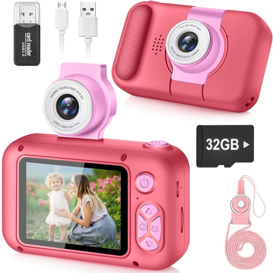 Kids Camera, Toddler Kid Digital Camera with 180°Flip Lens & 2.4in IPS Screen, Birthday Festival Gifts Present Toy for 4 5 6 7 8 9 10 11 Year Old Girls/Boys, 32 GB Card Included, X101