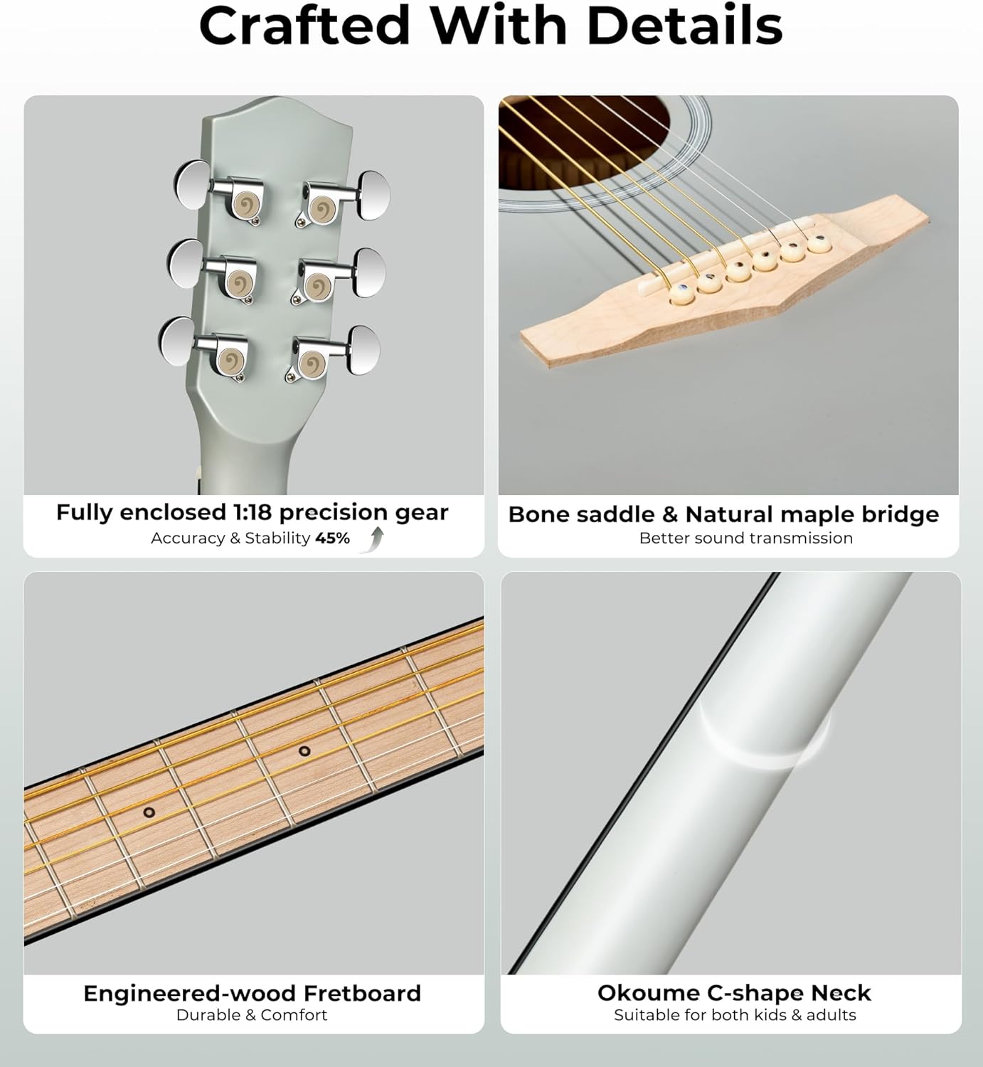 Vangoa Acoustic Guitar 3/4 Size Adult Kit, 36 In Semi Jumbo Cutaway Junior Guitars Set, 6 String Guitarra Starter Bundle with Gig Bag for Beginners Students, Light Gray