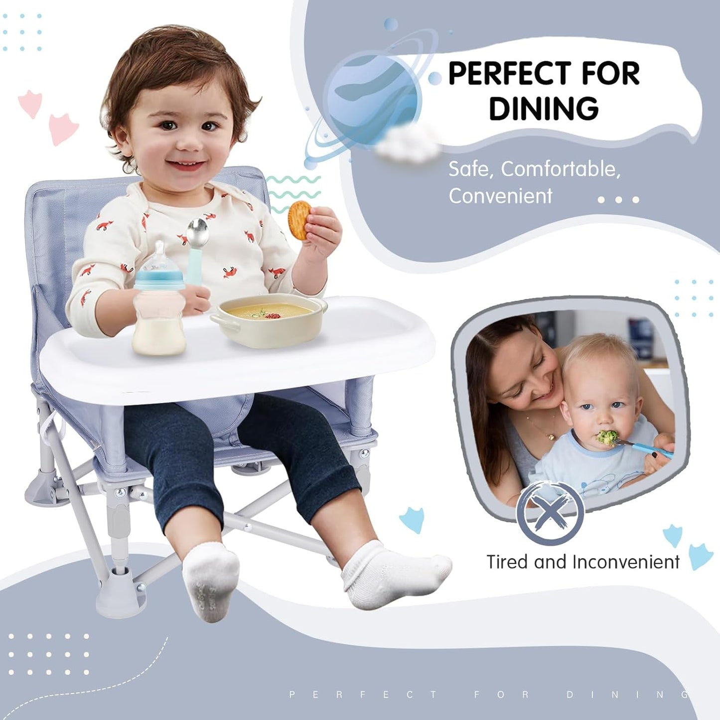 Portable Baby Booster Seat with Tray, Toddler Booster seat for Dining, Camping, Travel, Baby Beach Chair 6 Months to 3 Years Old Indoor Outdoor Use Grey