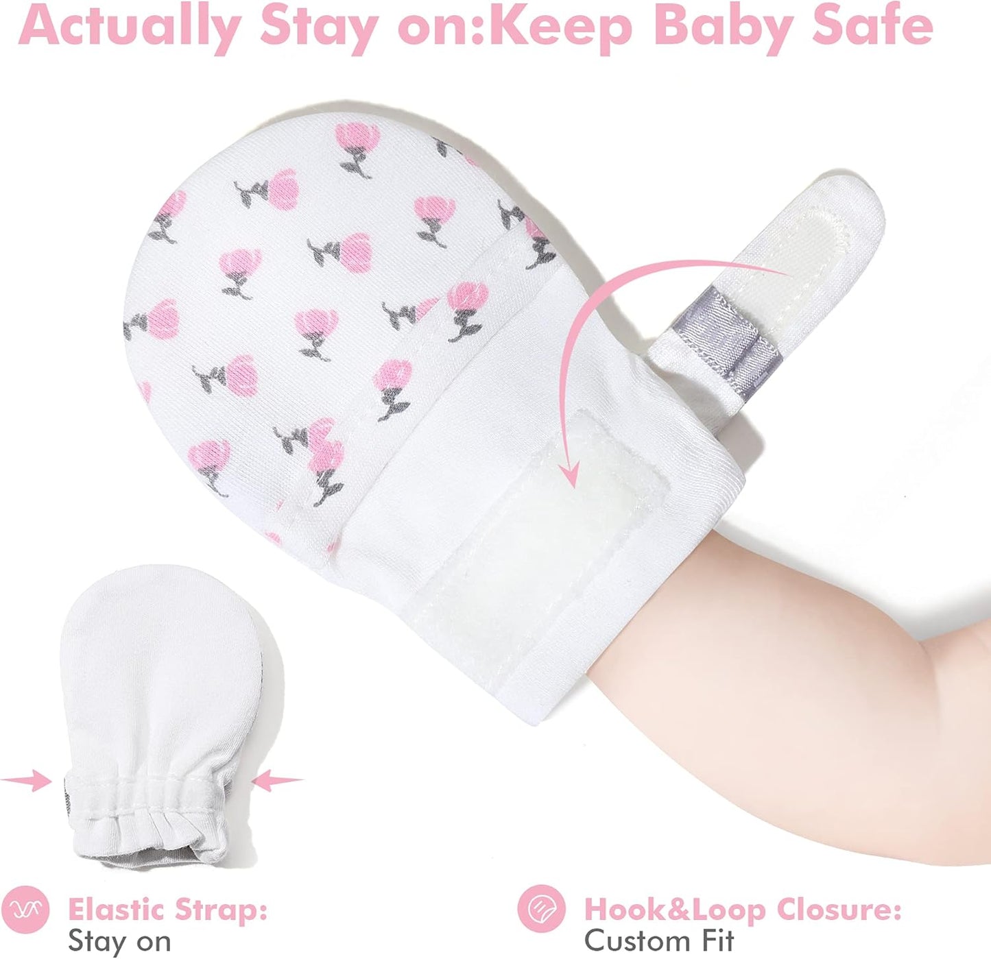 HAPIU Baby No Scratch Mittens Stay On, 100% Cotton Breathable, Adjustable Infant Gloves for Boys Girls, Newborn - 12 M