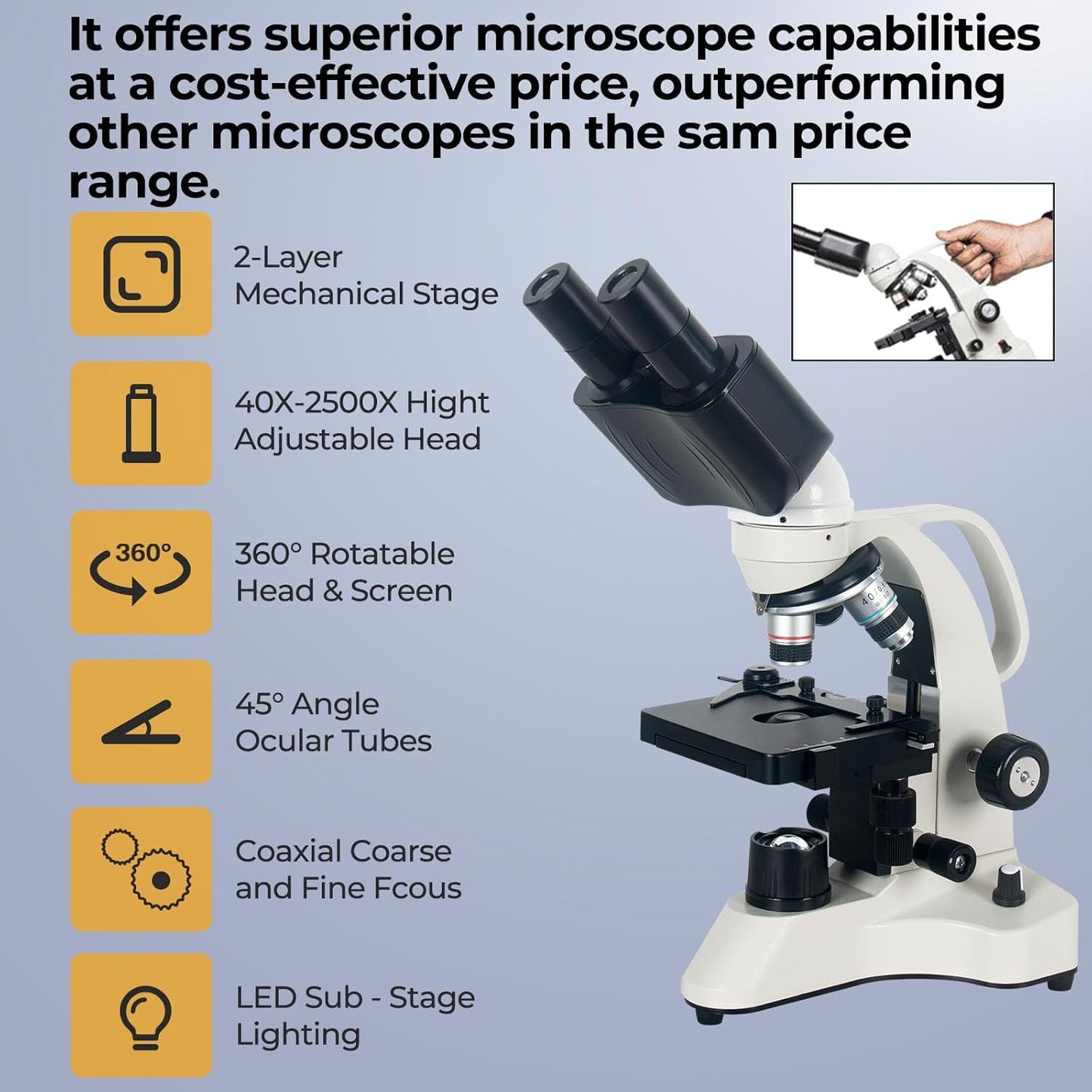 [Cost-Effective] Binocular Microscope, Vabiooth Lab Compound Binocular Microscope 40X-2500X Magnification with Two-Layer Mechanical Stage, Wide-Field 10X and 25X Eyepieces, Abbe Condenser, Metal Body