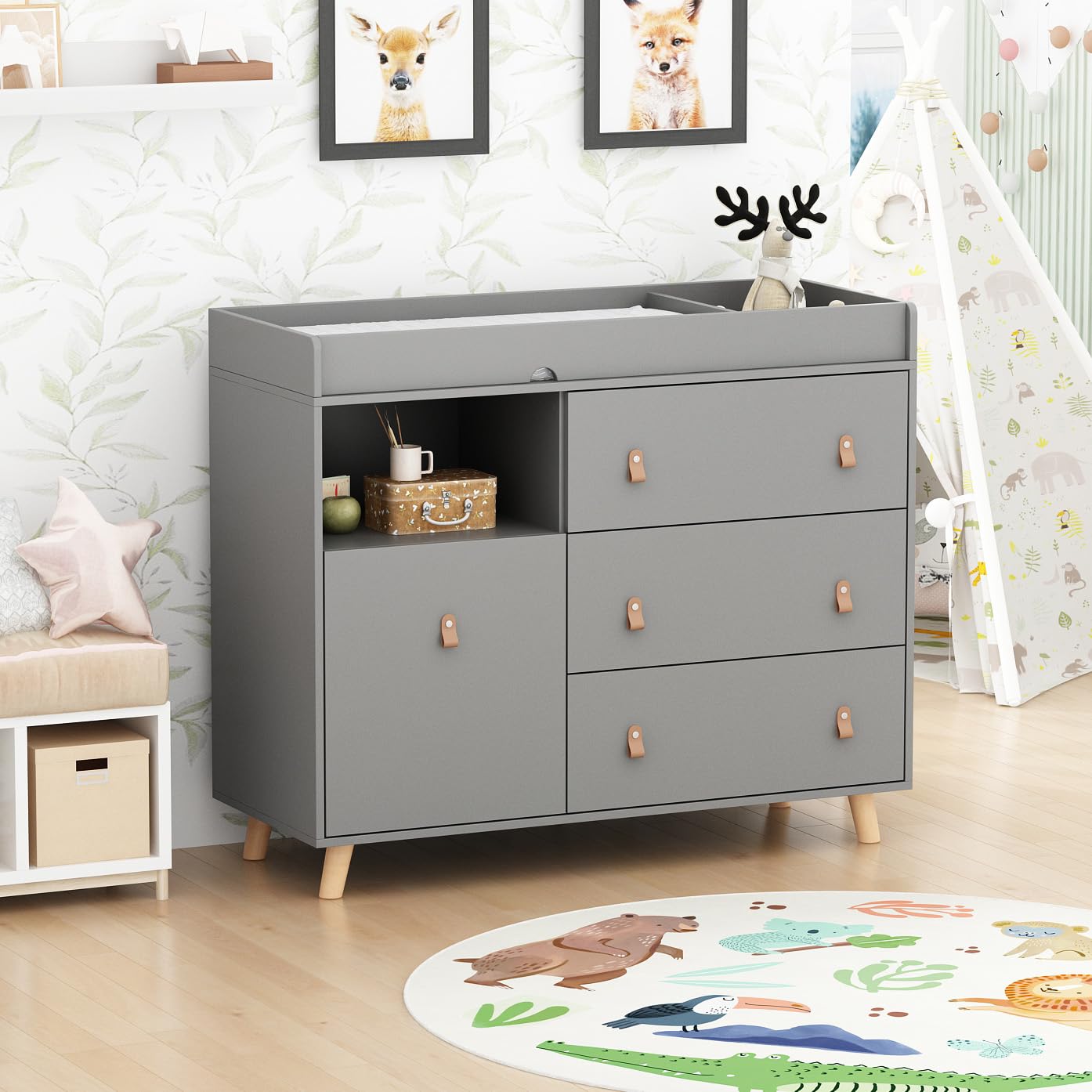 Baby Dresser Changing Table with Drawers,Shelf,Hidden Laundry Basket Storage,2 in 1 Nursery Dresser Chest for Infants, Baby Diaper Changing Station for Daycare,Bedroom,Grey