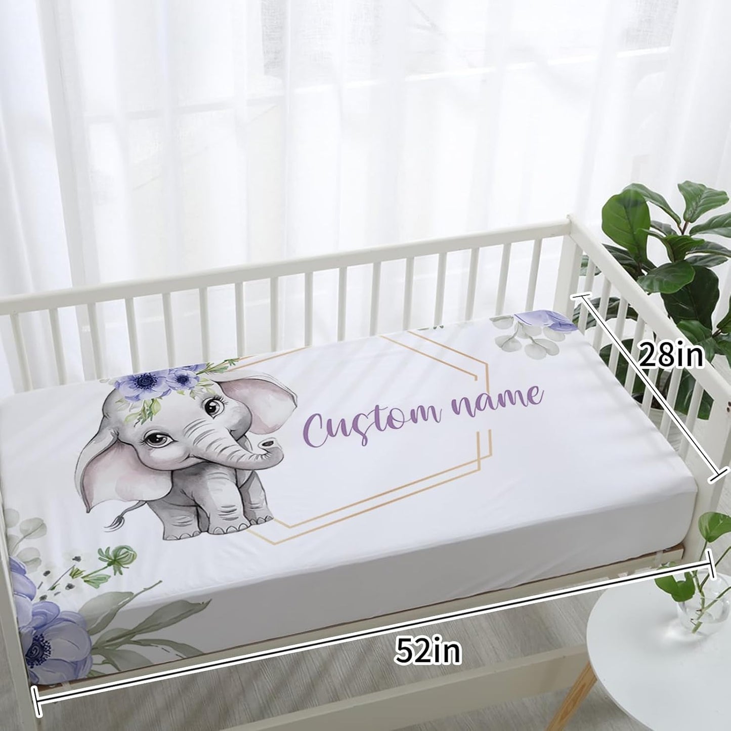 Personalized Baby Crib Bedding Set for Baby Girls, Purple Flower Pattern Elephant Theme Custom Name Baby Crib Sets 5-Pcs, Toddler Double Layer Blanket Fitted Sheets Changing Pad Cover Rug Wall Art Set