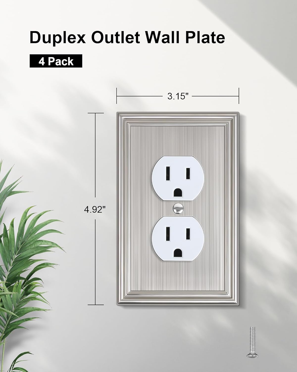 4-Pack Duplex Outlet Cover, Durable Solid Zinc Alloy Decorative Switch Plates and Outlet Covers, Brushed Nickel Wall Plates for Electrical Outlet, 1 Gang Receptacle Cover, Corrosion Resistant