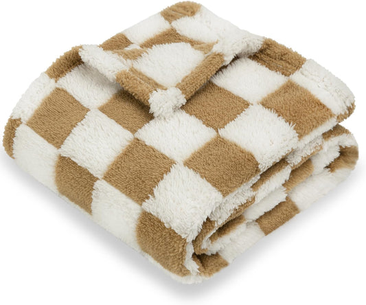 HOMRITAR Super Soft Baby Blankets for Boys Girls Warm Cozy Reversible Checkerboard Toddlers Blanket, Fluffy Fuzzy Plush Lightweight Bed Blanket with Chessboard Grid Design 350GSM Khaki 30 x 40 Inch