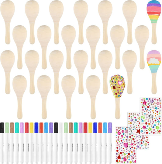 PLULON 25 Pcs Mini Wooden Maracas Unfinished Maracas for Fiesta Party Decorations with 27 Pcs Colorful Painting Tools, Maracas Musical for Mexican Party Favors Cinco De Mayo Party Supplies