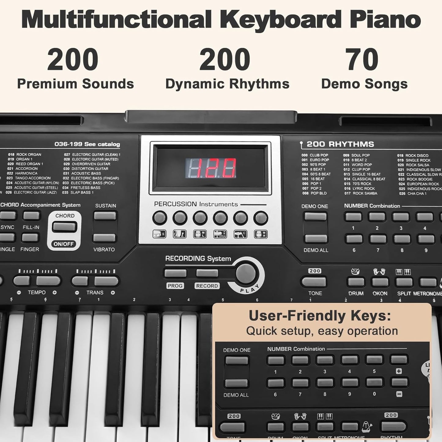 61-Key Portable Electronic Piano Keyboard with 200 Voices, 200 Rhythms, Teaching Modes, Recording, Microphone, Battery Power, Built-in Speakers, Child-Safe ABS