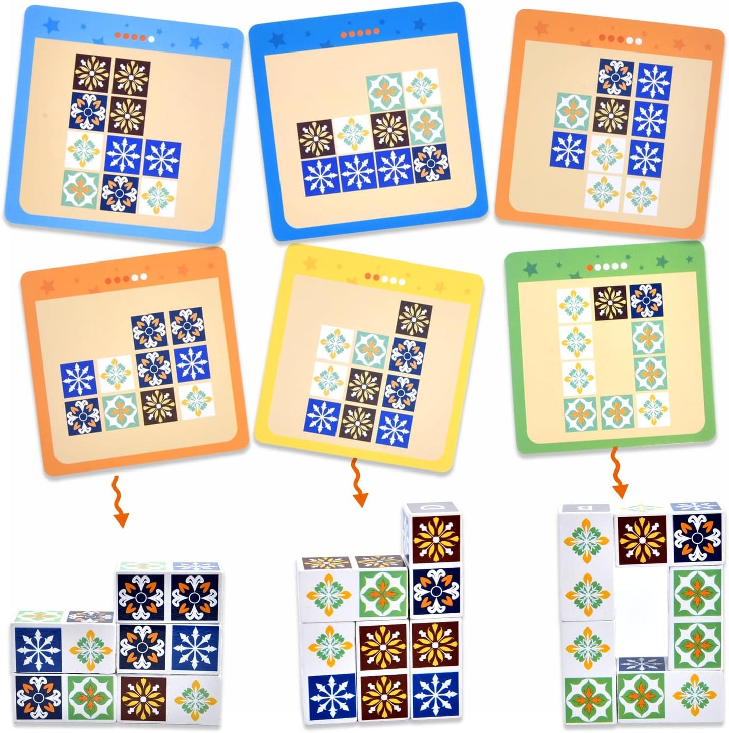 Wooden Matching Game Puzzle Games, Pattern Block Match Puzzles Building Cubes with Bell for Kids and Adults Toys Board Games for Family Night