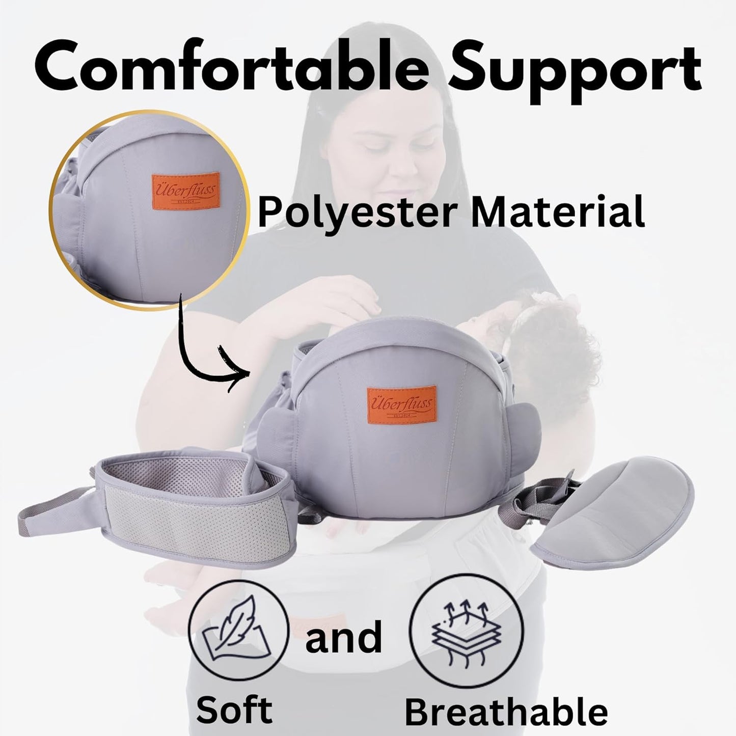 Baby Hip Carrier - Effortless Hands-Free Adjustable Fit Grey Baby Wraps Carrier for Newborns & Toddlers 8-45 lbs - Soft & Breathable Material with 4 Carrying Positions Multi-Pocket