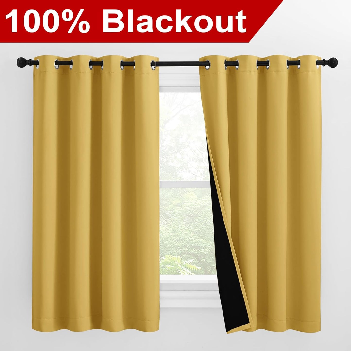 NICETOWN 100% Blackout Curtains with Black Liners, Thermal Insulated Full Blackout 2-Layer Lined Drapes, Noise Cancellation Window Draperies for Dining Room (Bright Yellow, 2 Panels, 55" W by 57" L)