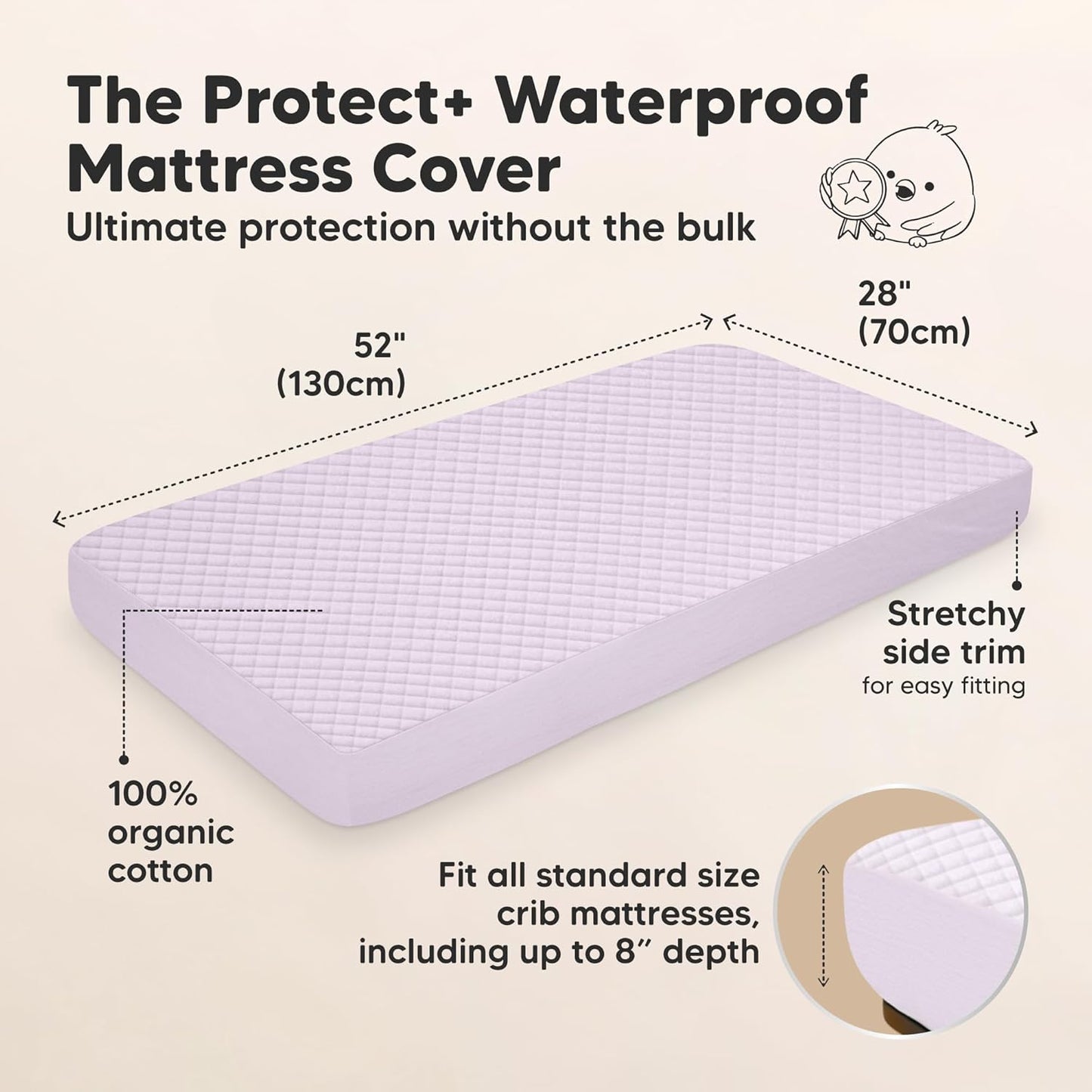Waterproof Crib Mattress Protector Cover Fitted - 2-Pack Quiet Baby Crib Mattress Pad Sheets, 52" x 28" Soft Quilted Cotton Baby Sheet, Machine Washable, Easy Fit, Durable (Lilac/Quin)