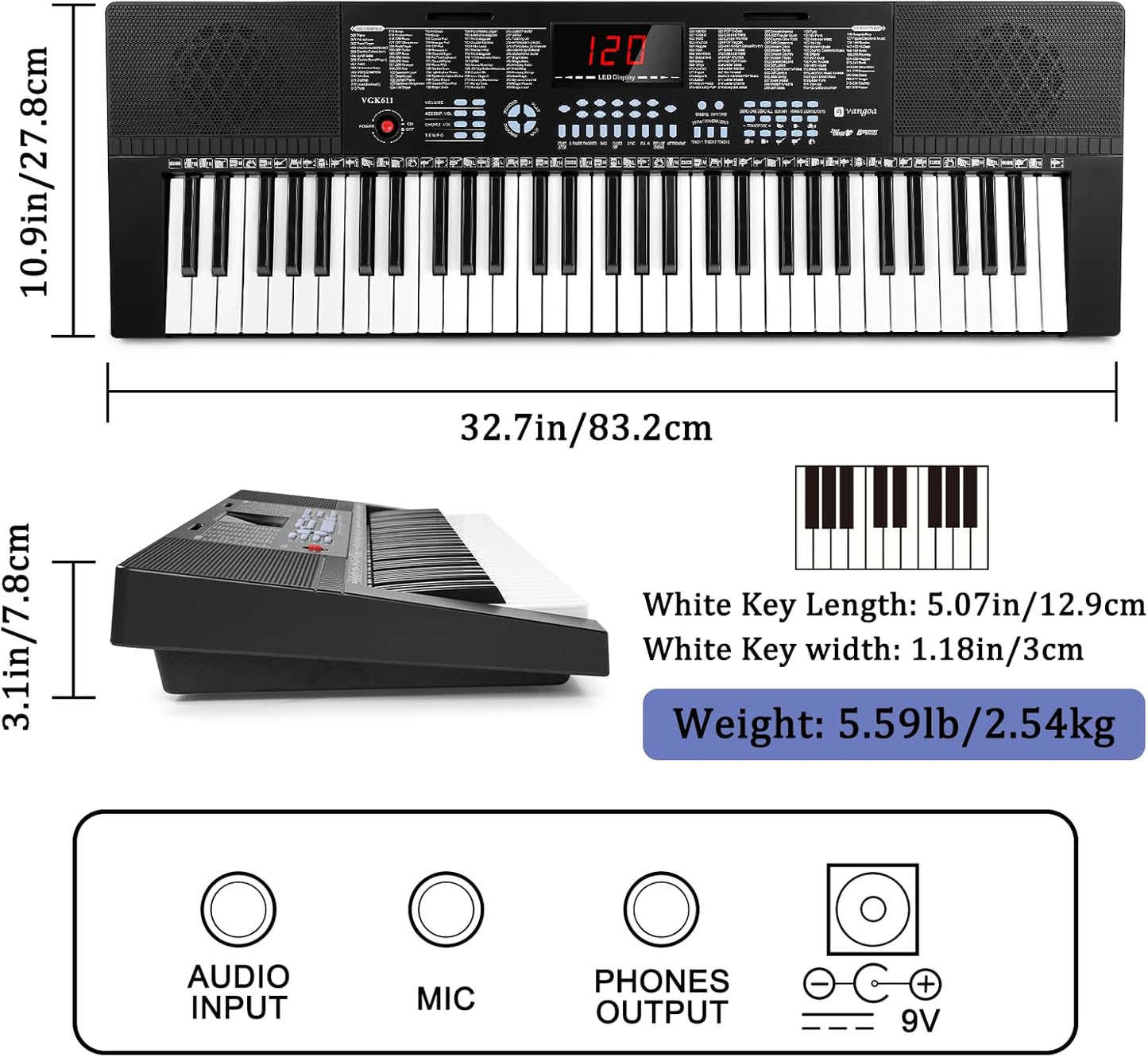 Vangoa 61-Key Light-Up Keyboard Piano for Beginners, 350 Tones & Timbres, 3 Teaching Modes, With Microphone, Black