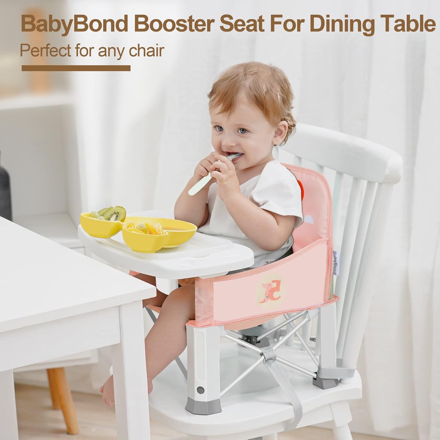 Baby Travel Booster Seat with Double Tray, BabyBond Upgraded Toddler Portable Baby Chair, Booster Seat for Dining Table, Stable and Foldable Booster Baby Chair for Indoor/Outdoor (Pink Dinosaur)