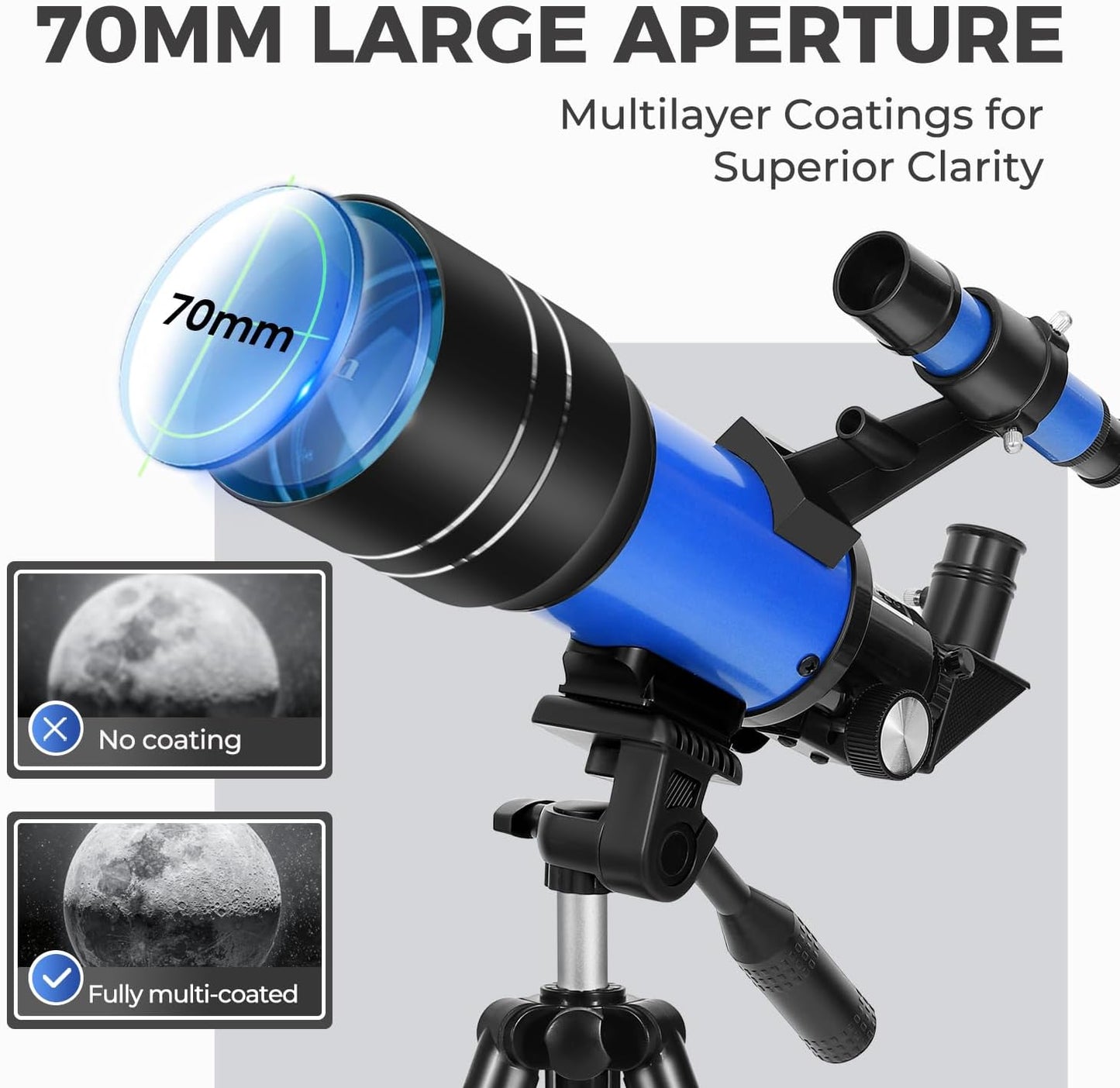 ESAKO Telescope for Kids & Beginners, 70mm Aperture Portable Telescopes with 3 Eyepieces, Height Adjustable Tripod & Phone Adapter & Remote Control