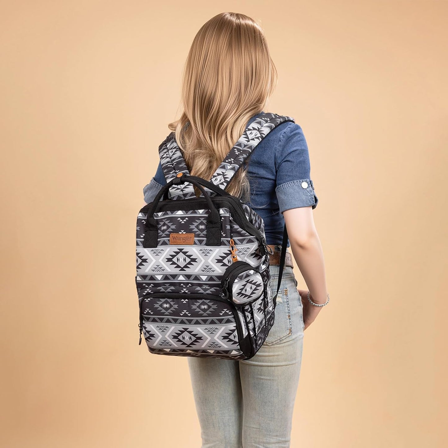 Wrangler Aztec Backpack Multifunction Baby Travel Bag with Changing Pad, Stroller Straps and Pacifier Case WG2204-91103BK