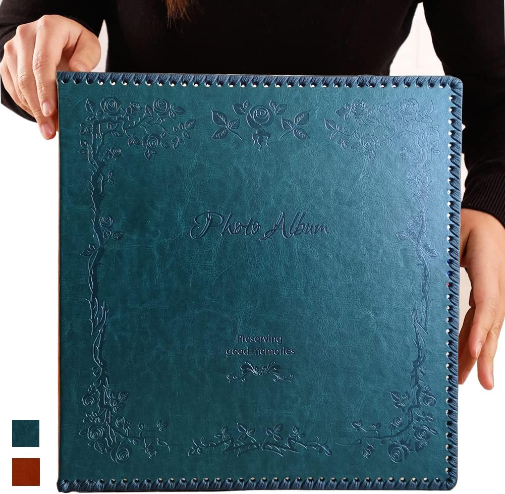 Photo Album Self Adhesive Pages, Large Magnetic Self-Stick Picture Album with Leather Vintage Inspired Cover, DIY Albums Holds 3X5, 4X6, 5X7, 6X8, 8X10 10X12 Photos (Darkgreen 40 Pages)