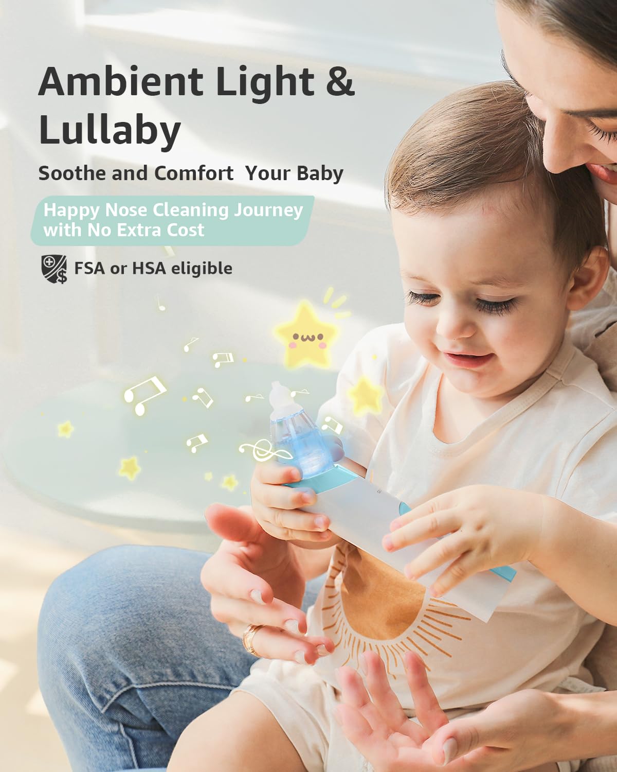 GROWNSY Nasal Aspirator for Baby with Protection Mode, Electric Nose Suction for Baby, Automatic Baby Nose Sucker with 3 Silicone Tips, Adjustable Suction Level, Music and Light Soothing Function