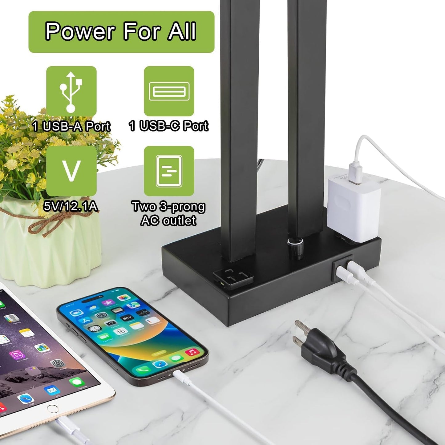 Modern Table Lamps Set of 2-22" Tall Bedside Lamps with USB-C/USB-A Charge Ports & Outlet, Stepless Dimmable Fabric Cream Shade Nightstand Lamps for Bedroom & Living Room