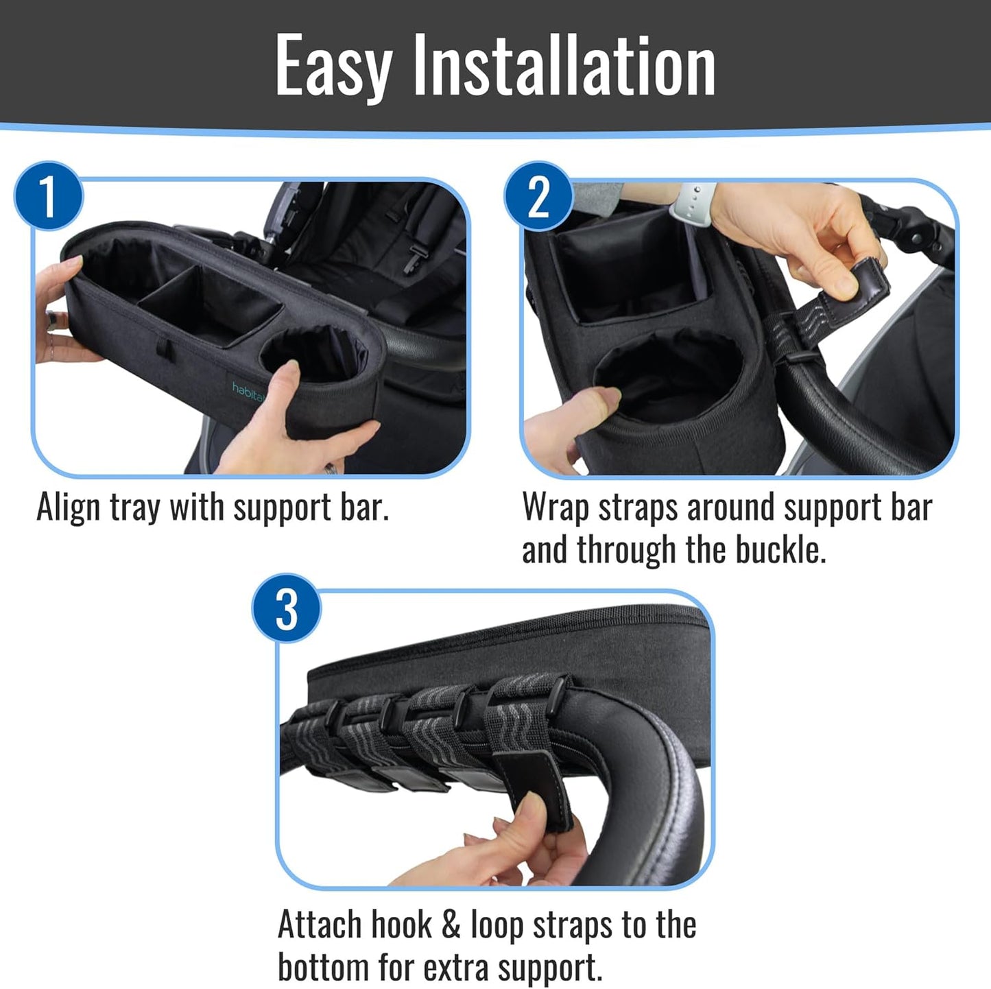 Habitat Universal Stroller Snack Tray with Insulated Cup Holder - Divided Compartment with Secure Non-Slip Straps | Stroller Snack Tray Attachment Fits Most Strollers