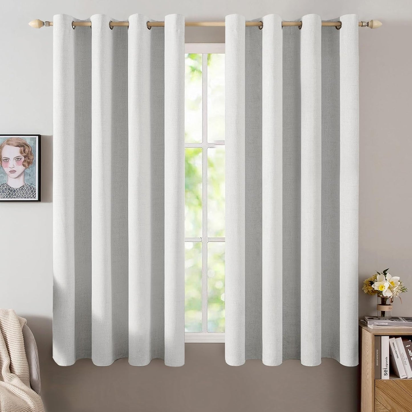 MIULEE Linen Textured Curtains for Bedroom Solid 100% Blackout Thermal Insulated Heathered White Grommet Room Darkening Curtains & Drapes Luxury Decor for Living Room Nursery 52 x 54 Inch (2 Panels)