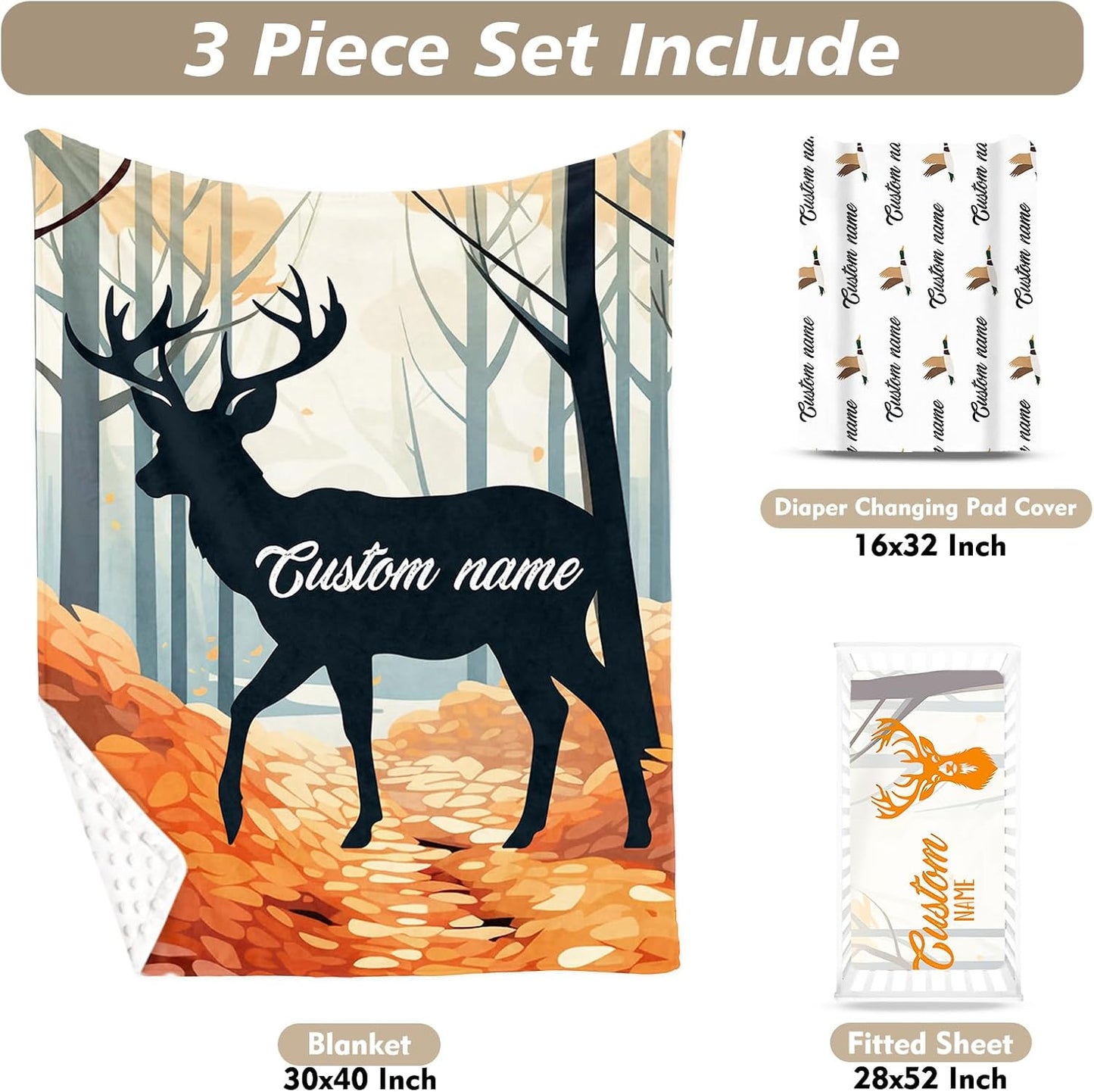 Custom Name Crib Bedding Set - Orange Sika Deer Pattern, Personalized Nursery Bedding 3-Piece Set– Soft Blanket, Fitted Sheet, Changing Pad Cover – for Newborns Girls Nursery Gifts