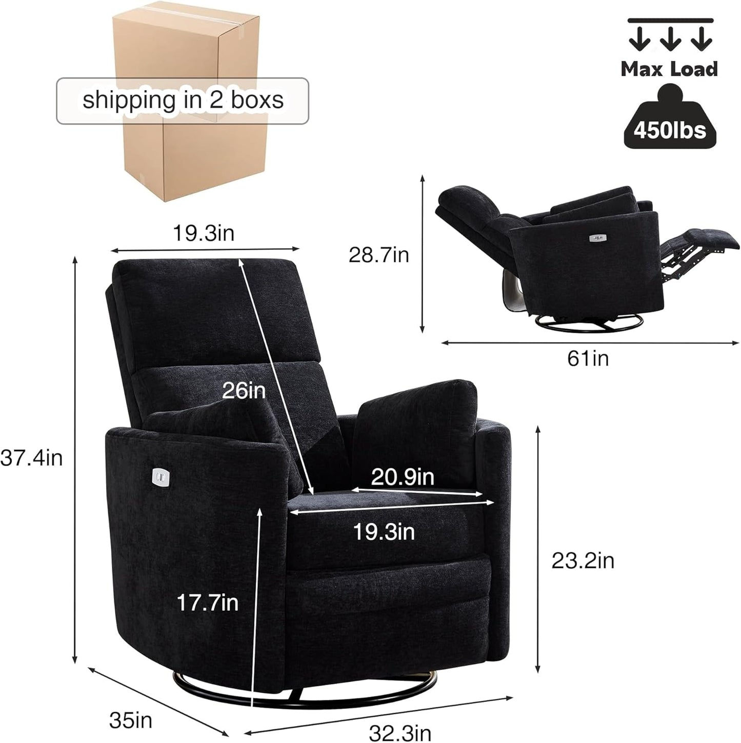 Recliner Swivel Glider Electric Rocking Chair with USB Port,Multifunction Upholstered Power Recliner Rocking Chair for Living Room Bedroom Nursery Adult with 2 Pillows(Black, Power-Driven)