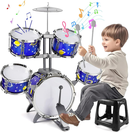 M SANMERSEN Upgraded Kids Jazz Drum Set Toddler Toy Drum Set with Stool, Plastic Rock Jazz Drum Kit Musical Toys Gift for Boys Girls 1-3 3-5
