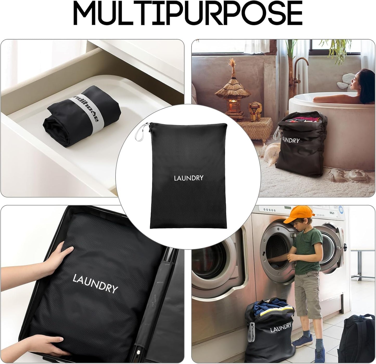 Travel Laundry Bag, Washable Dirty Clothes Travel Bag Waterproof Wet Dry Bags Reusable Camp Clothes Organizer for Sports Home College Dorm Laundromat (1 Pcs X-Large) Black