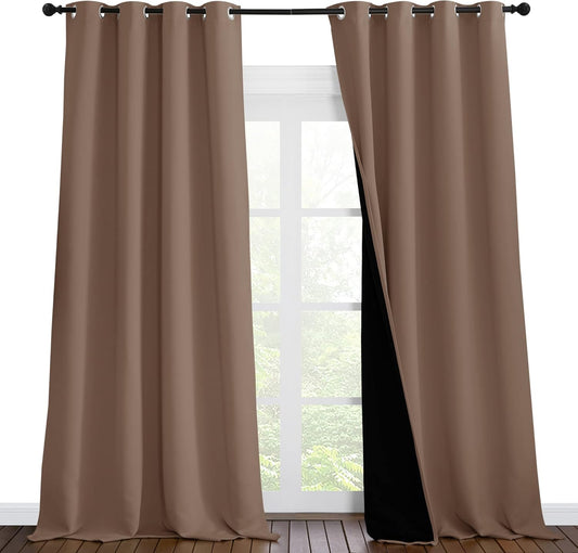 NICETOWN Complete Blackout Cold Blocking Shades for Large Window Door, 100% Blackout Window Curtain Panels with Black Lined, 55 inches Width Each Panel, 96 inches Length, Cappuccino, Double Pieces
